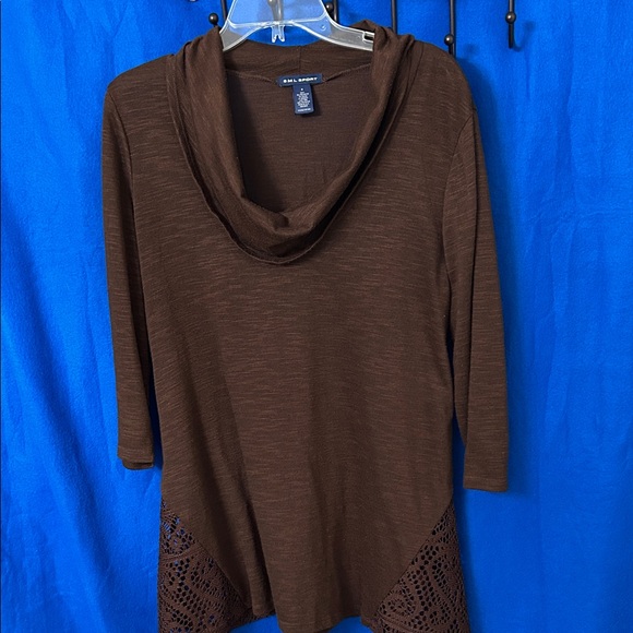 Chocolate Brown Cowl Neck Top with lace insert on side. - Picture 7 of 7